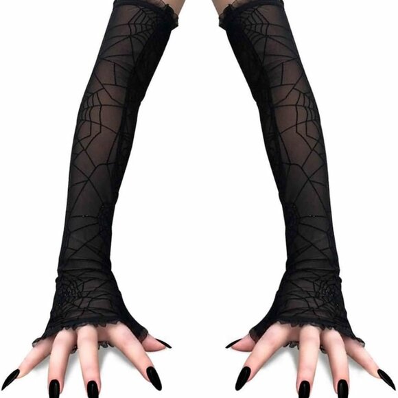 Halloween Skeleton Gloves for Women Men Stretchy Knitted Fingerless Hand Warmer - Picture 2 of 8